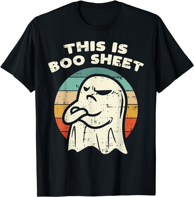 Halloween shirts can be funny like this one that is black with an angry looking ghost on it. Lettering says This is Boo Sheet.