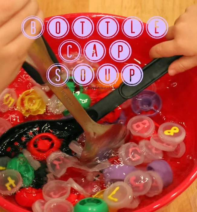bottle caps in a bowl with water for water activity 
