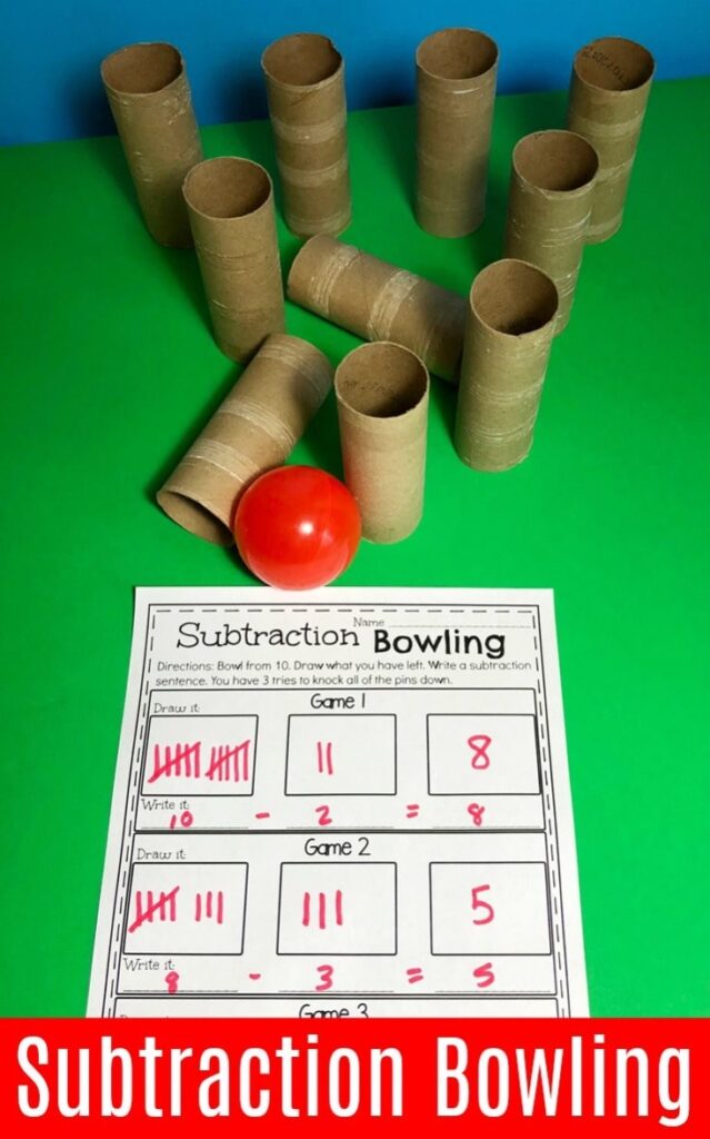 toilet paper rolls and ball for math facts game bowling 