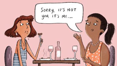 Illustration of two teachers at dinner with one saying, 'Sorry, it's not you, it's me...'