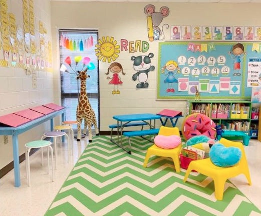 Bright and colorful seating and rugs in classroom