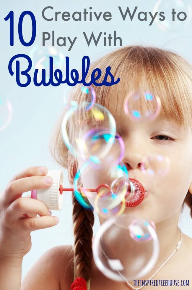 A little girl is shown blowing bubbles to demonstrate that bubbles can be used in recess games.. Text reads "10 Creative Ways to Play with Bubbles." 