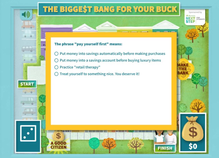 Screenshot of an online budgeting game called The Biggest Bang For Your Buck, asking a question about financial literacy