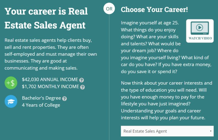 Screen shot from the Claim Your Future online game indicating your career is Real Estate Agent