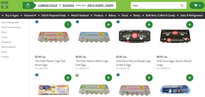 Screenshot from The Fresh Market's website showing a selection of egg options