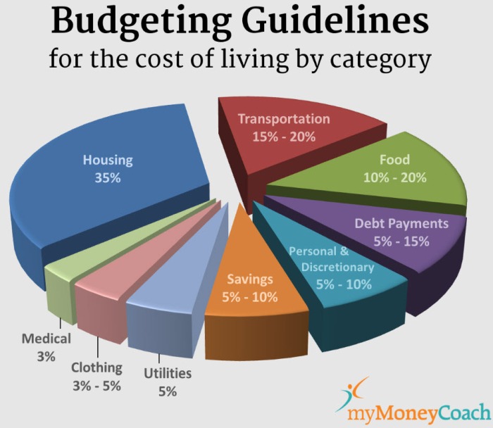 3D pie chart showing budgeting guidelines breakdown for various living expenses categories