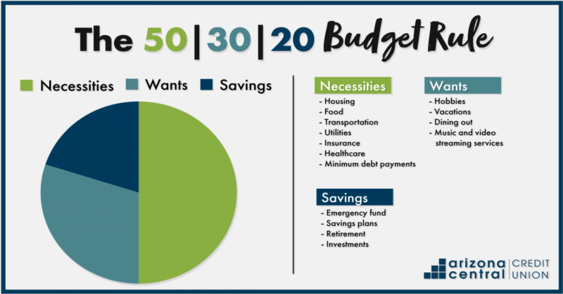 A pie chart and graph illustrating the 50/30/20 budget model