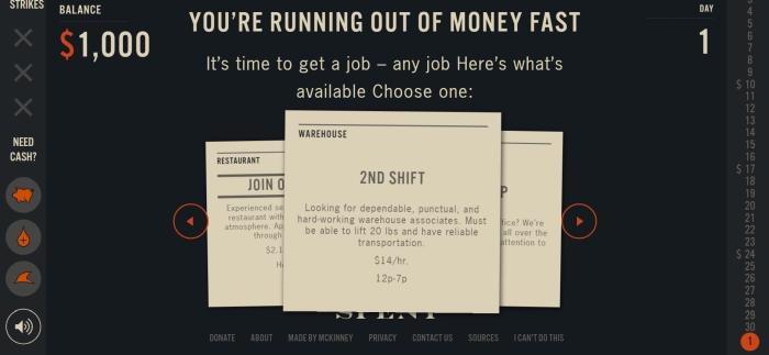 Screen shot from Spent, a budgeting game meant to demonstrate what it's like to live on the financial edge