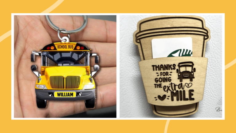 Gifts for bus drivers, including a personalized school bus key chain and a magnetic gift card holder that looks like a coffee cup.