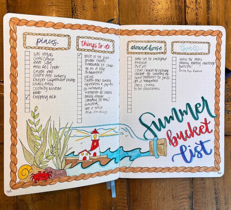 Summer bucket list pages in a journal, with lists of things to do, places to go, and more