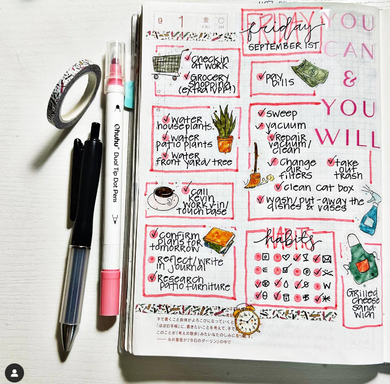 A daily task list page in a bullet journal, with to-do items, habit tracker, and more