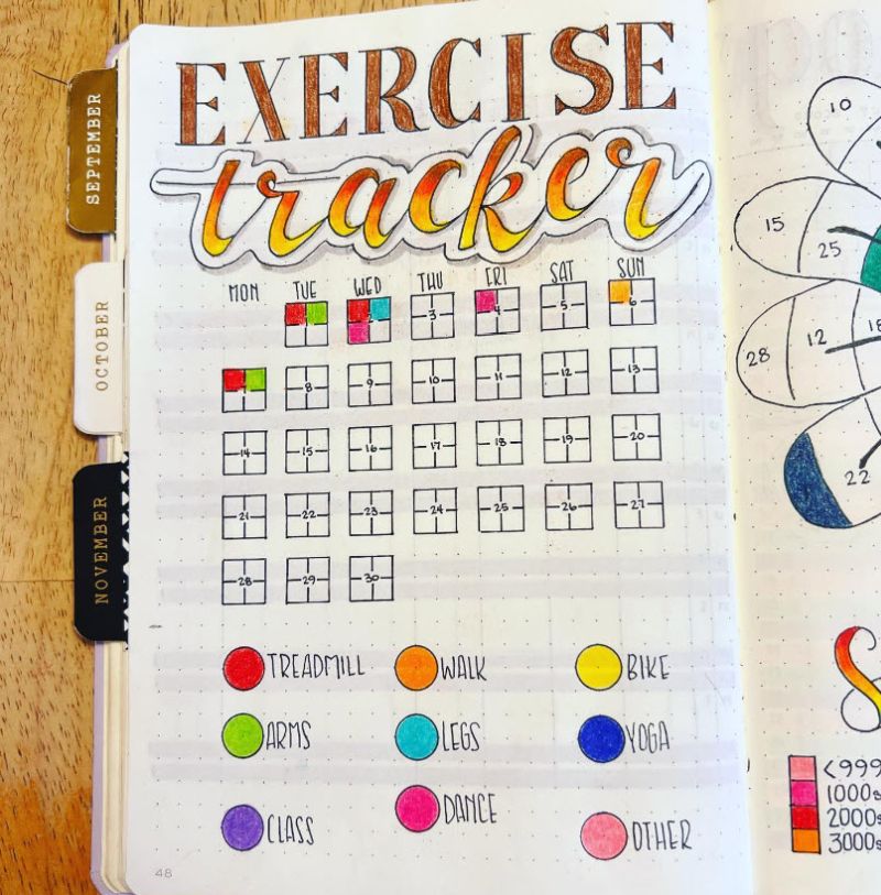Exercise tracker page with a four-square grid for each day, and different colors representing different exercise routines