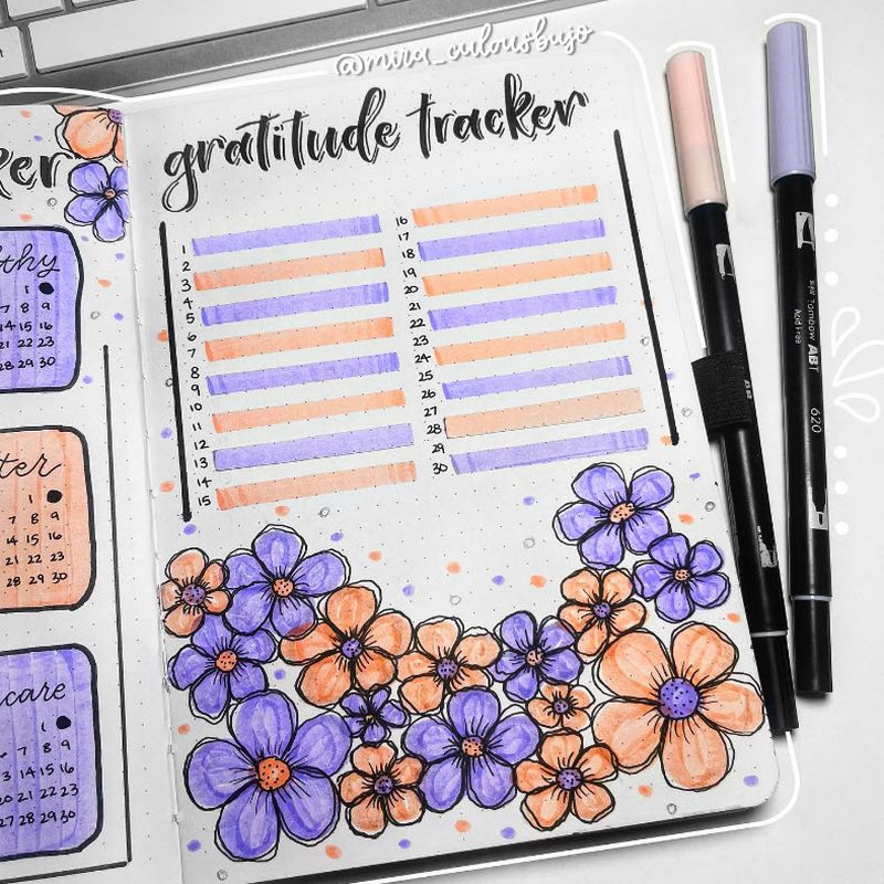 Gratitude Tracker page in a journal with a line for each day of the month, with purple and orange flowers