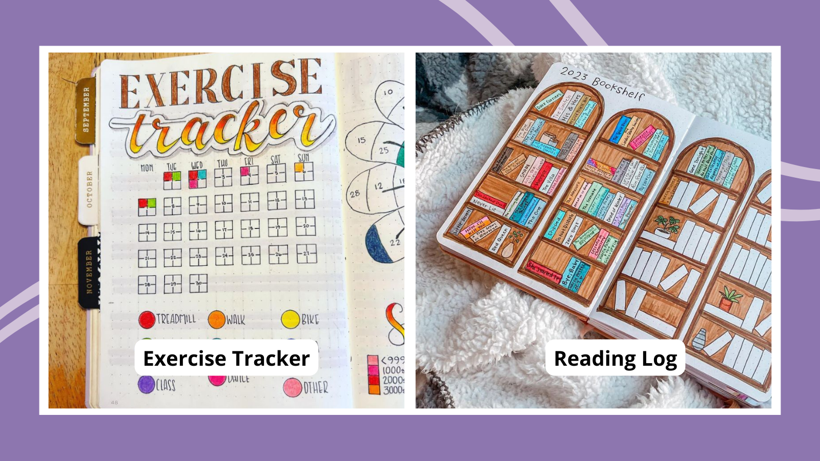 Collage of bullet journal ideas, including a fitness tracker and reading log