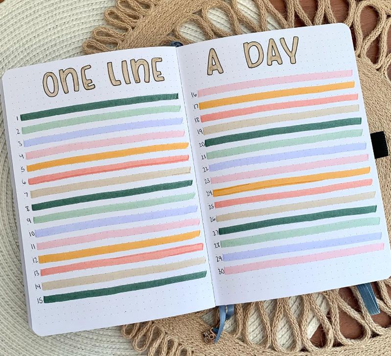 One Line a Day pages in a bullet journal, with different colored lines allotted to each day of the month