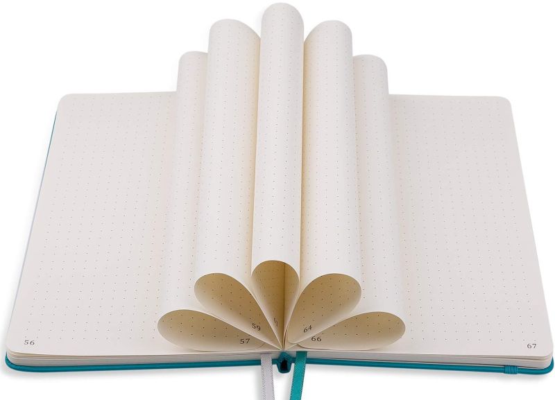 Open bullet journal showing blank pages folded into a fan pattern