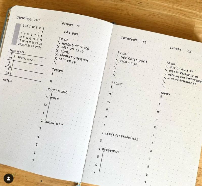 Simple bullet journal pages showing daily schedules hour by hour