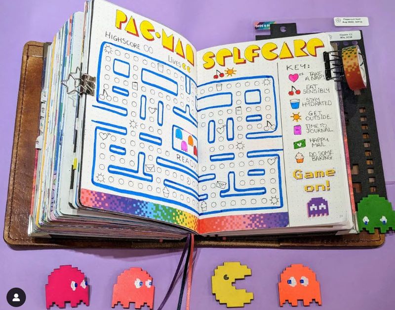 Pac-Man themed self-care tracking pages in a bullet journal