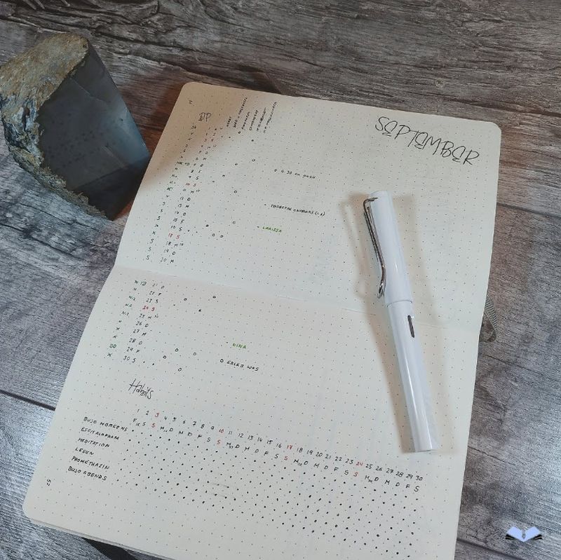 Calendar pages in a bullet journal, with the journal turned sideways to use the pages vertically