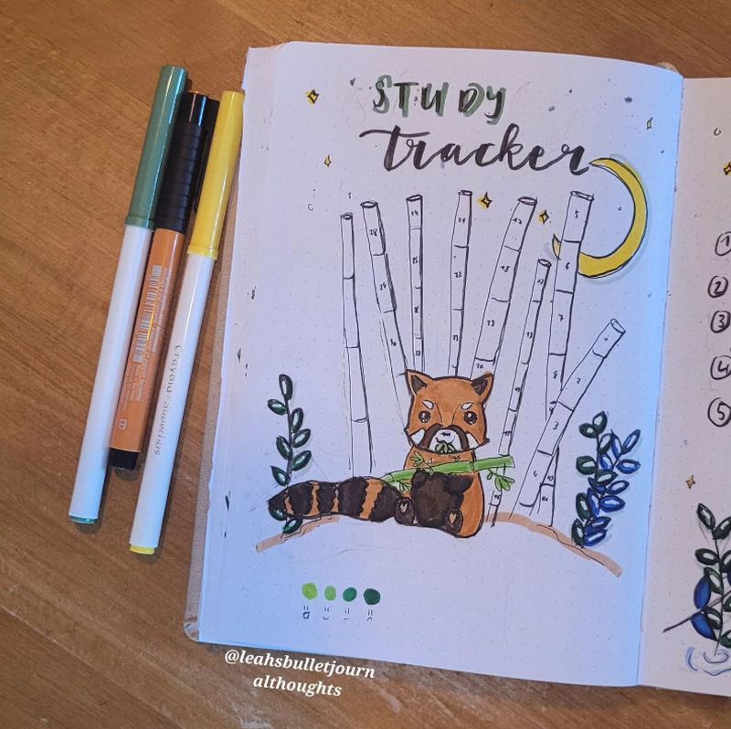 Study planner page in a bullet journal drawn as sticks of bamboo behind a red panda