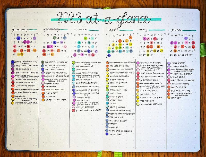 2-page bullet journal spread showing a year-at-a-glance layout