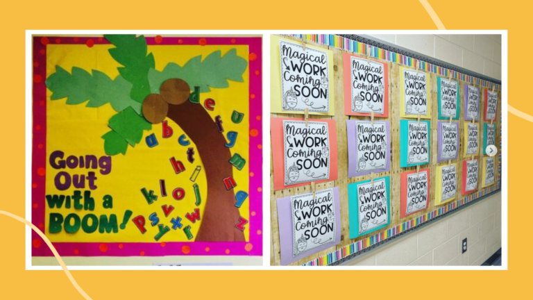 Bulletin board ideas including a Chicka Chicka Boom Boom board with a palm tree and a board with Magical Work Coming Soon signs.