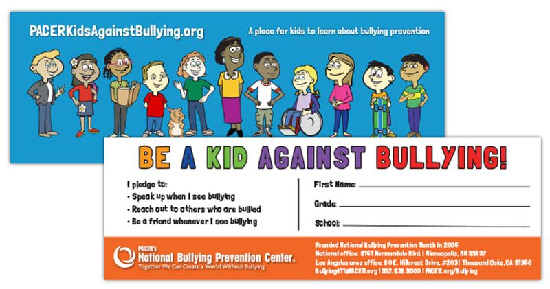 A bookmark, front and back, showing an anti-bullying pledge for kids to take