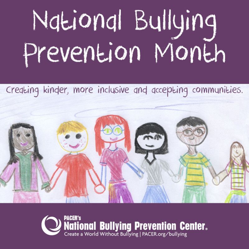 Child's drawing a diverse group of people holding hands. Text reads National Bullying Prevention Month: Creating kinder, more inclusive, accepting communities