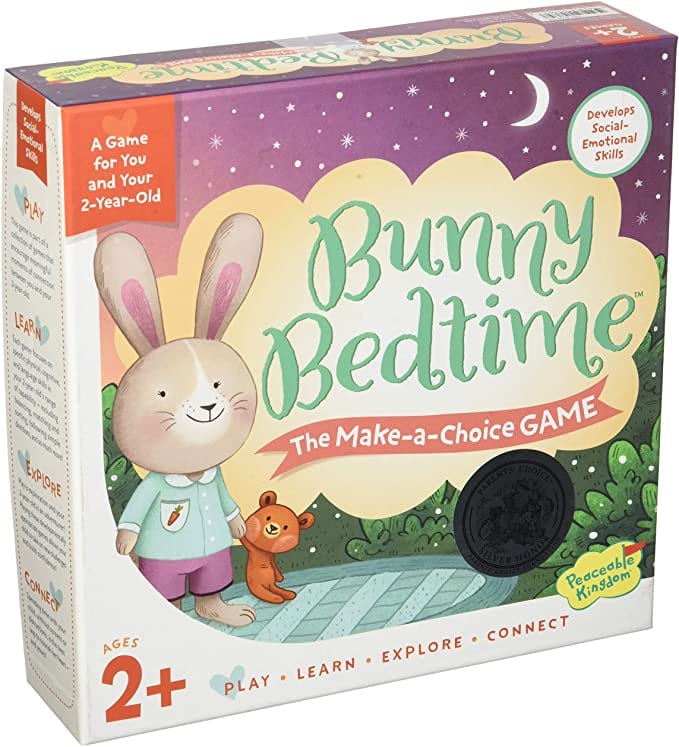 Box for Bunny Bedtime Make-a-Choice game with a bunny in pajamas with a teddy bear in this example of best board games for preschoolers.