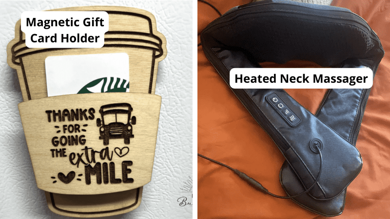 Gifts for bus drivers, including a headed neck massager and a magnetic gift card holder that looks like a coffee cup.