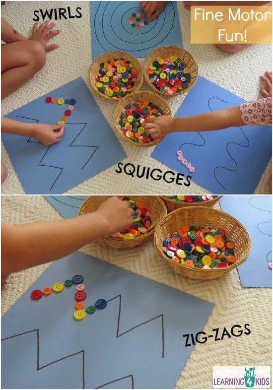 Children placing colorful buttons on predrawn lines to practice writing skills