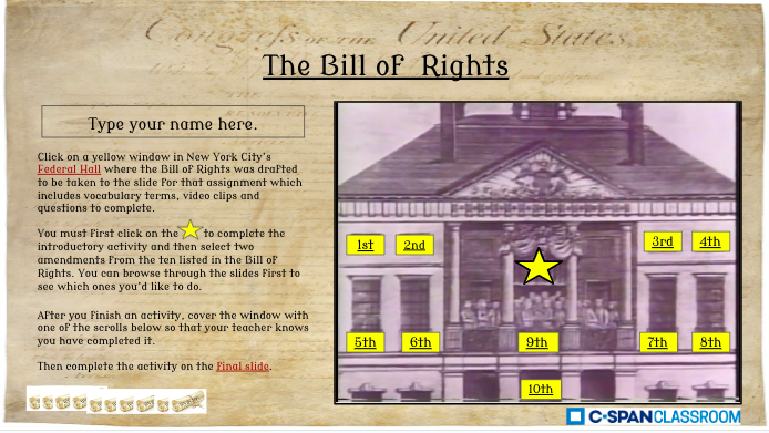 Example slide from C-Span Classroom's Bill of Rights Choice board