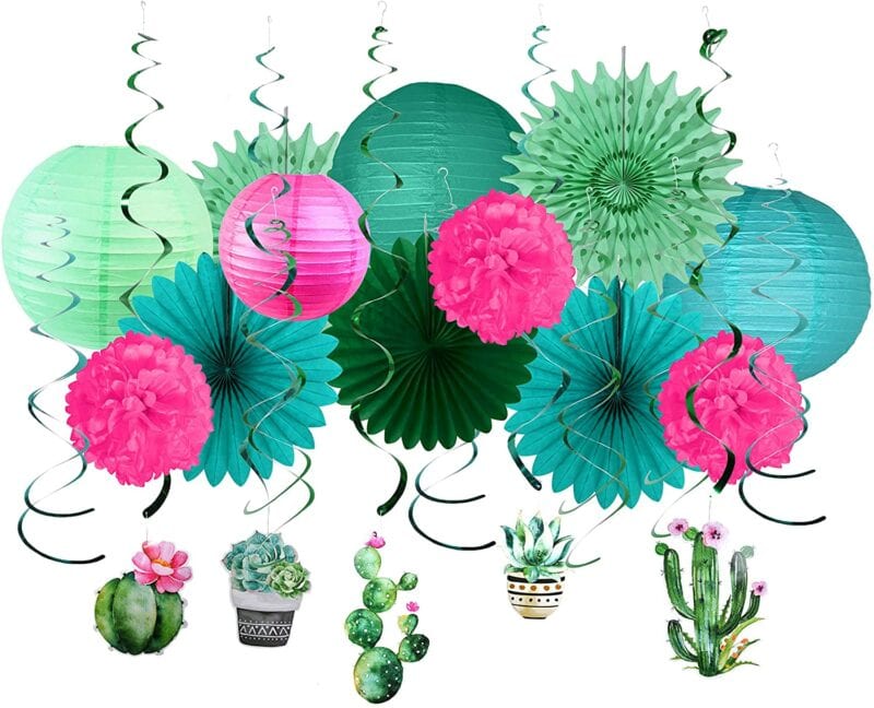 Green, blue, and pink hanging paper cactus lanterns