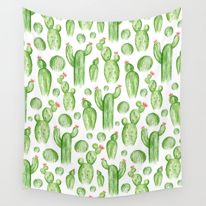 Classroom beige and green cactus patterned wall tapestry 