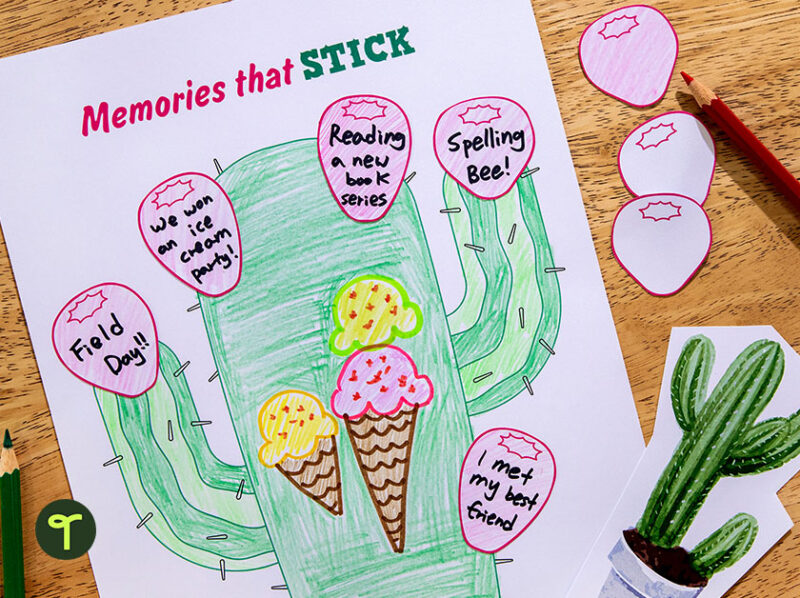 A picture of a green cactus with colorful "flower bloom" memories attached