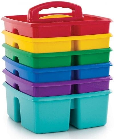 Colored stackable plastic caddies -- 1st grade classroom supplies