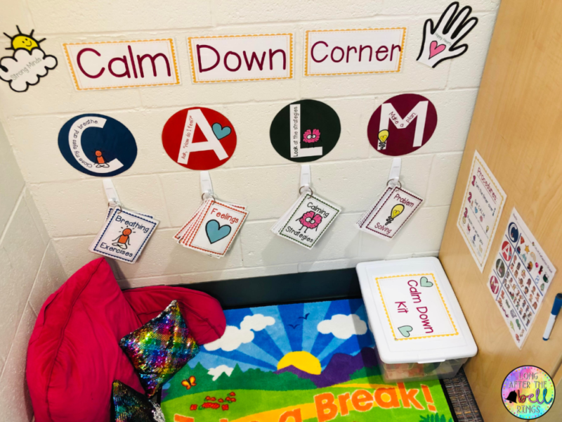 A classroom calm down corner with cozy seating, task cards and activities