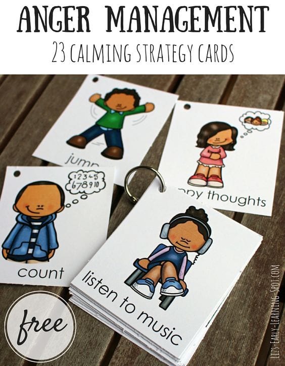 Colorful cards with calming strategies on them