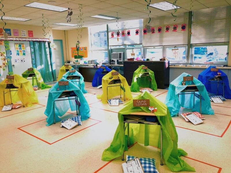 Camping tent reading pods in the classroom