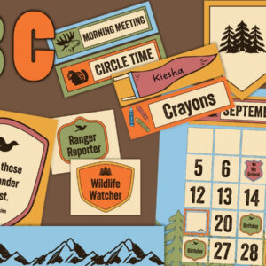 Camping theme classroom decor kit with bulletin board letters, nameplates, schedule cards, posters, pennants, and a monthly calendar