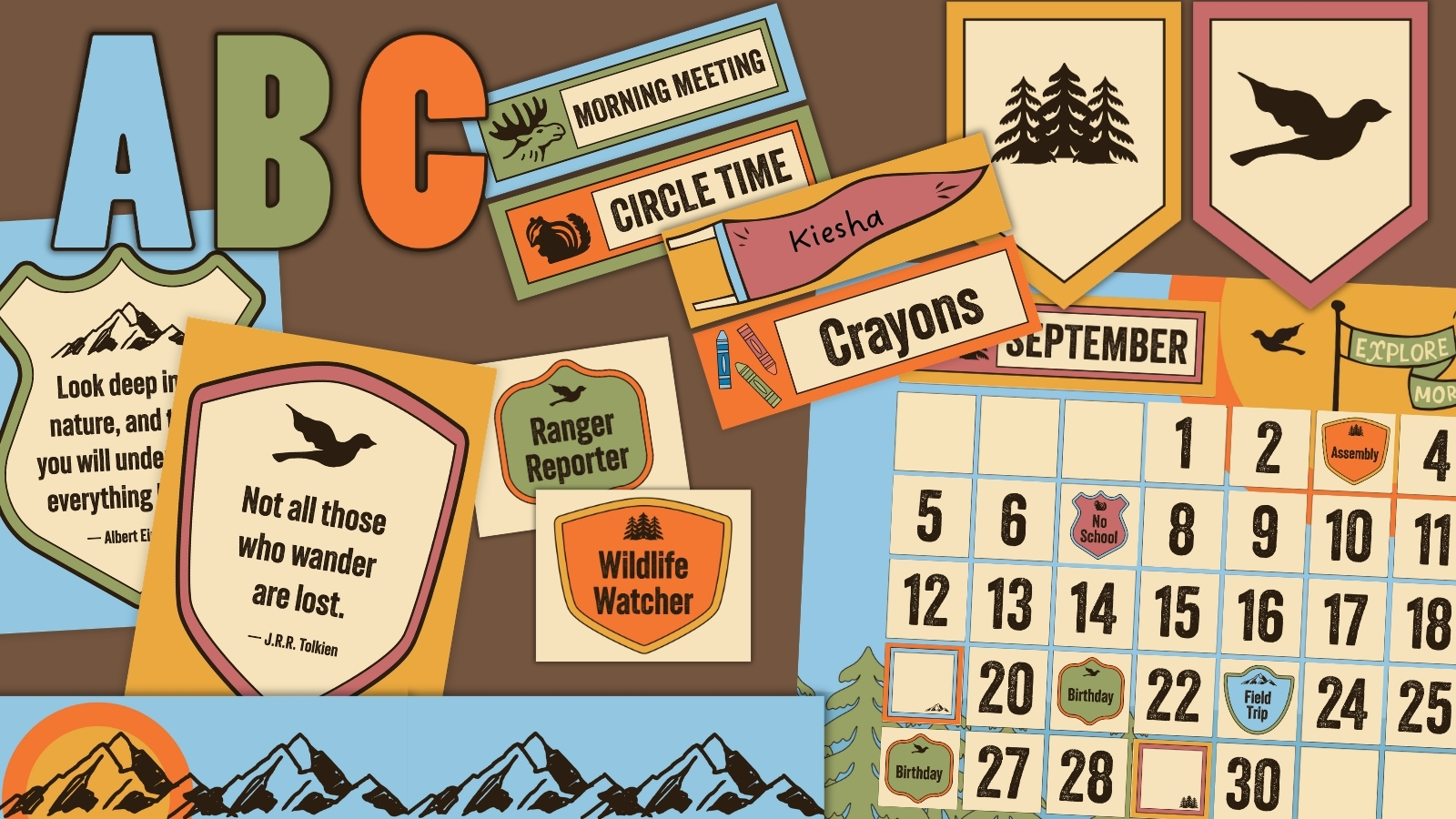Camping theme classroom decor kit with bulletin board letters, nameplates, schedule cards, posters, pennants, and a monthly calendar