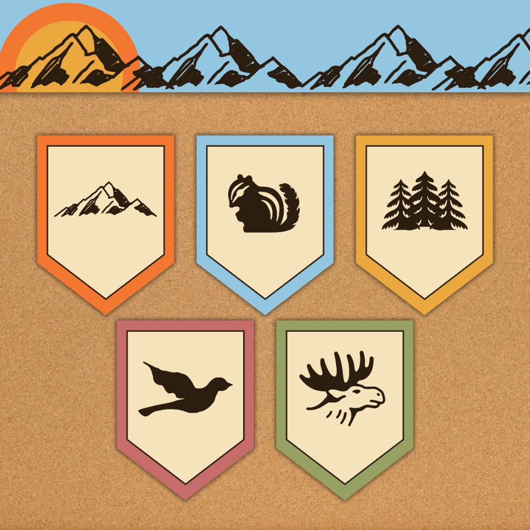 Alt: Bulletin board pennants with mountain, chipmunk, pine tree, bird, and moose icons plus a mountain border