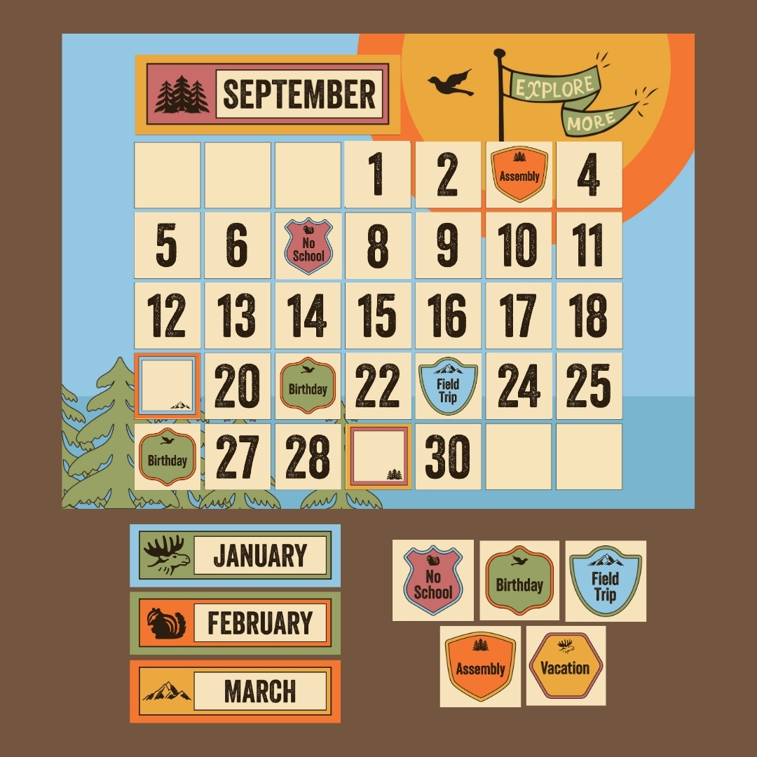 Camping theme classroom decor calendar with September dates, month headers, and event markers