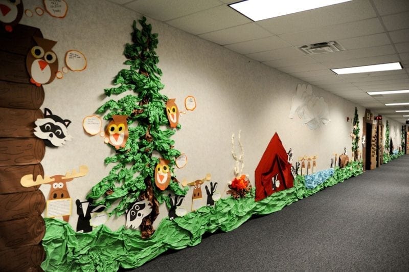 Woodland school hallway decorations with trees and owls