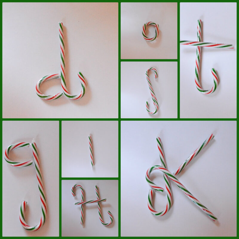 different letters formed using candy canes 