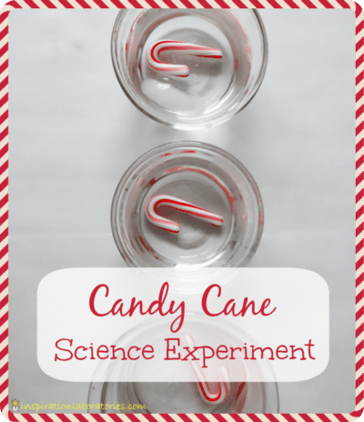 Small candy canes are shown inside clear glasses filled with water.