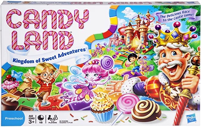 Box for Candyland board game with colorful candies and characters and candy cane striped writing