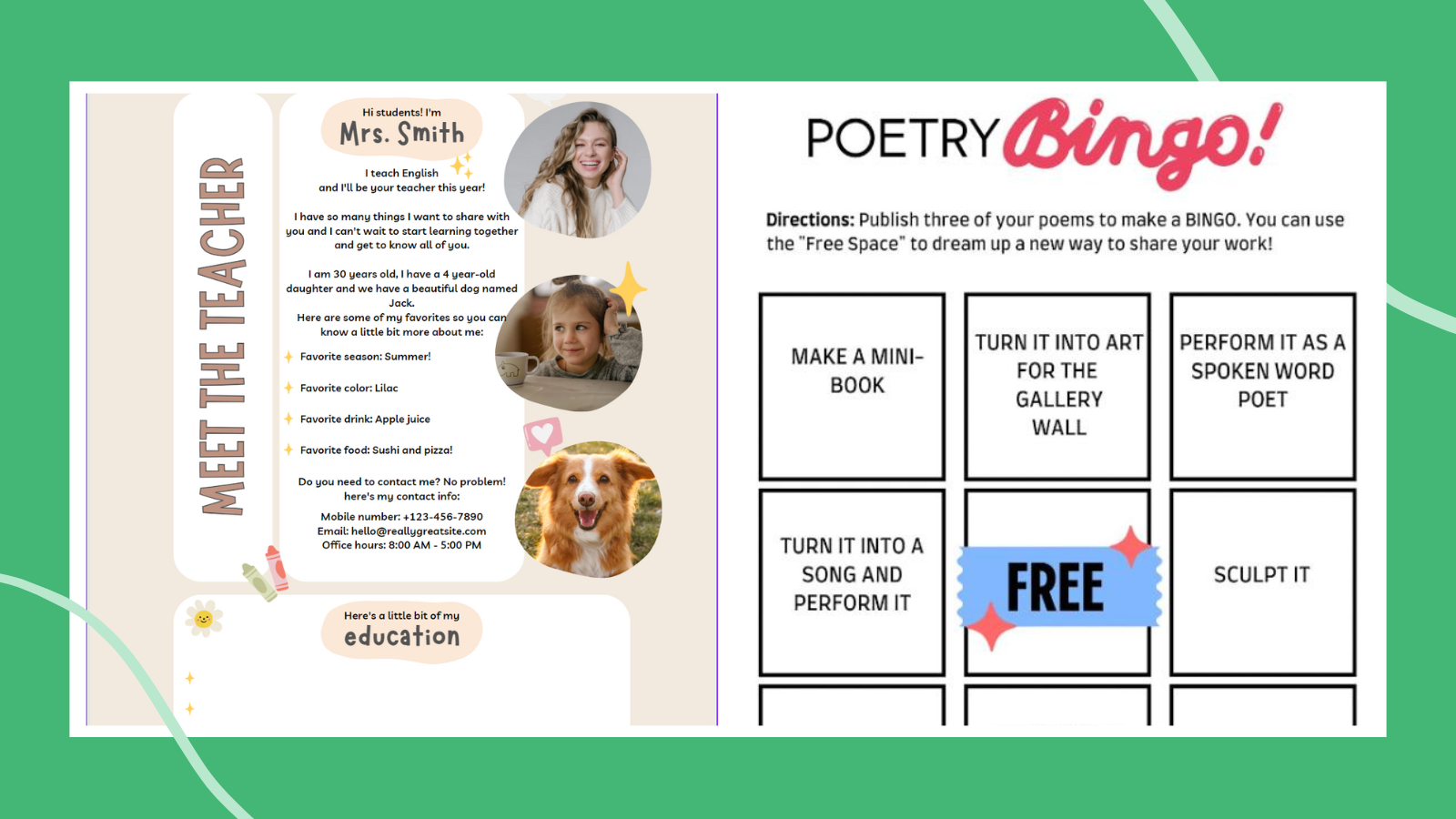 Two Canva for Education templates including meet the teacher slide and Poetry Bingo board.