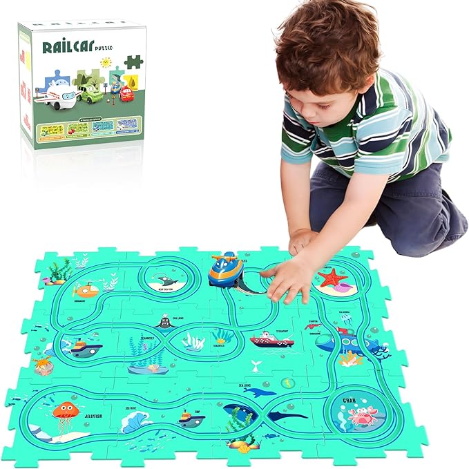 boy playing with a puzzle that also has a track for a car on it 