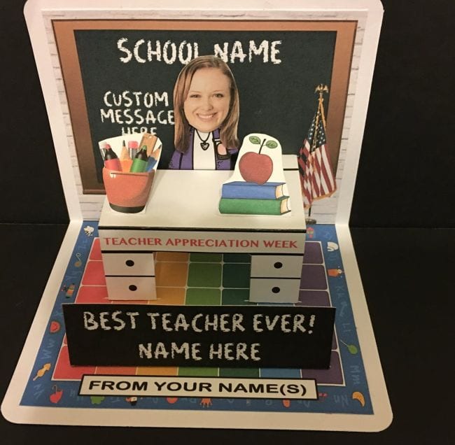 Pop up teacher card with photo of teacher as a bobblehead